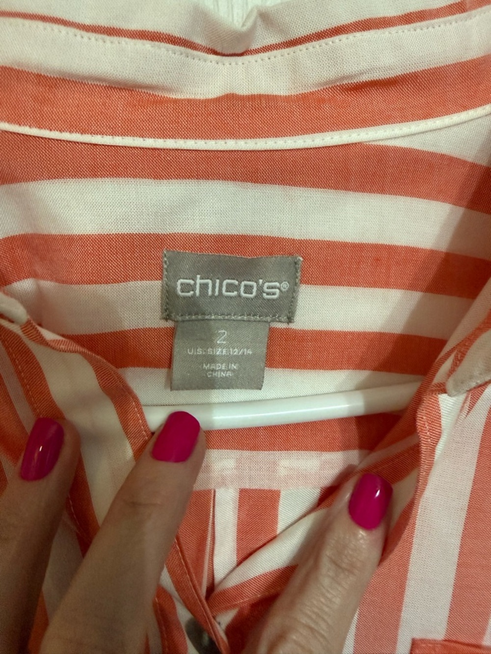 Chico's Coral and White Striped Button-Down Top - Picture 2 of 6